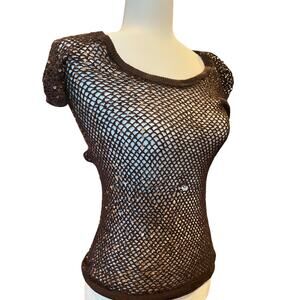 BCBG Brown Sequin Mesh Top Women’s Short Sleeve Y2K Festival Sheer